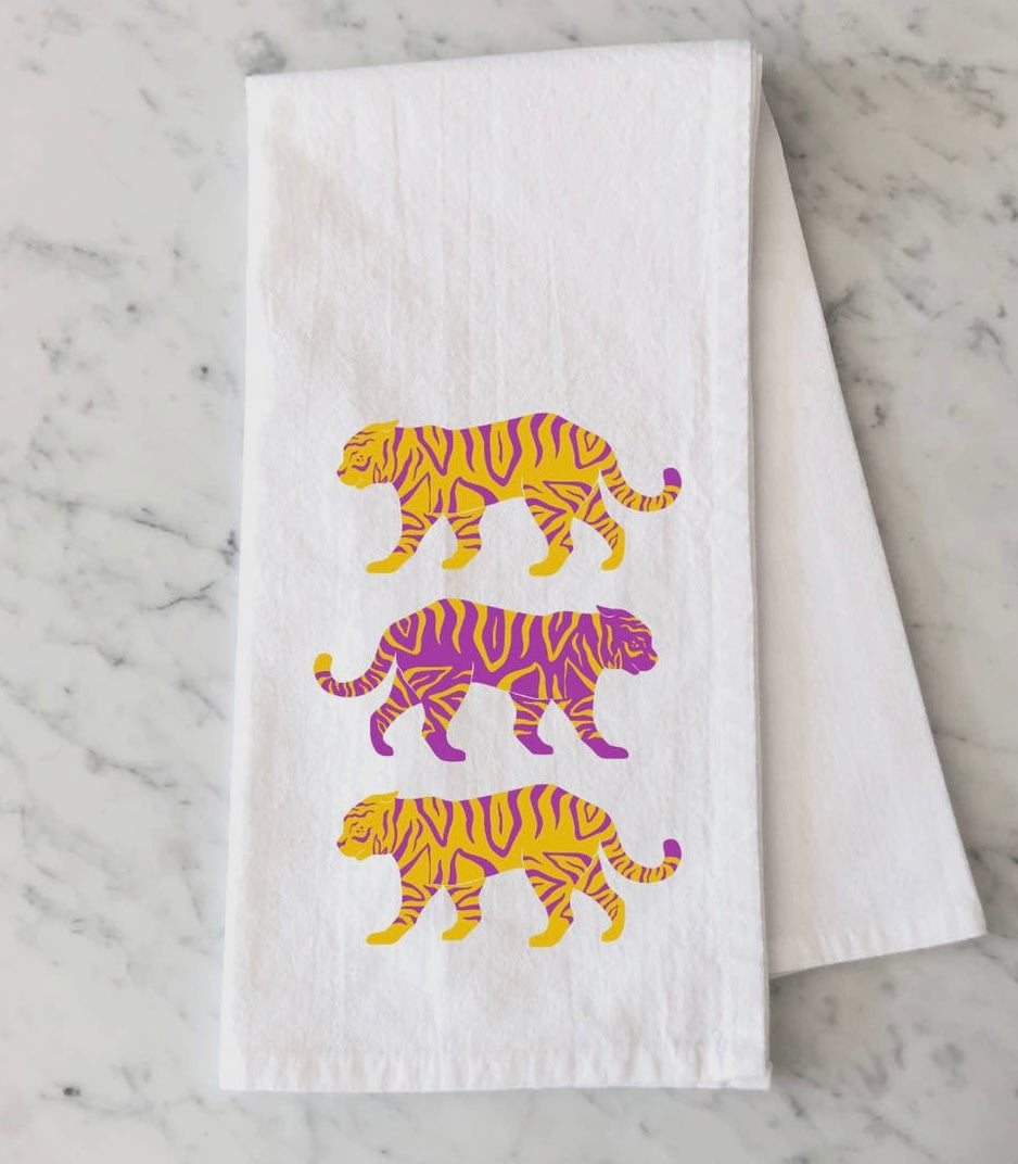 Purple and Gold Tiger Trio Game Day Tea Towel