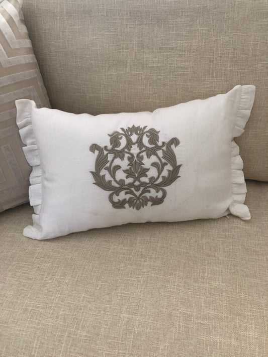 White & Taupe Linen Pillow